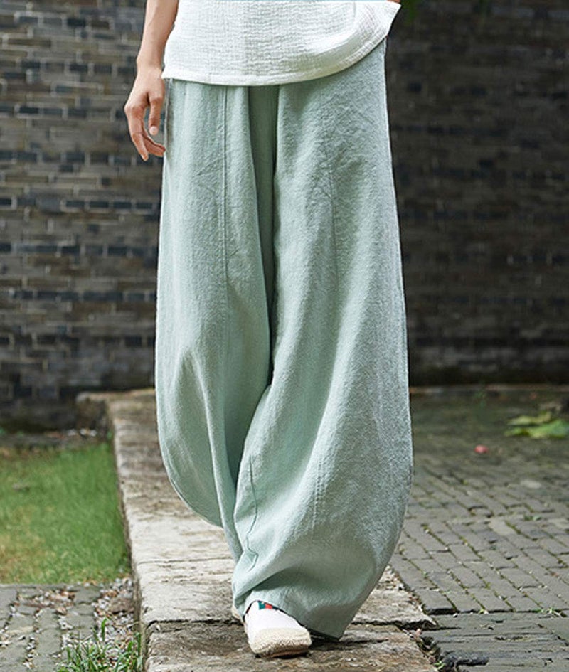 IXIMO Women's Casual Cotton Linen Baggy Pants with Elastic Waist Relax Fit Lantern Trousers Green L - Image 2